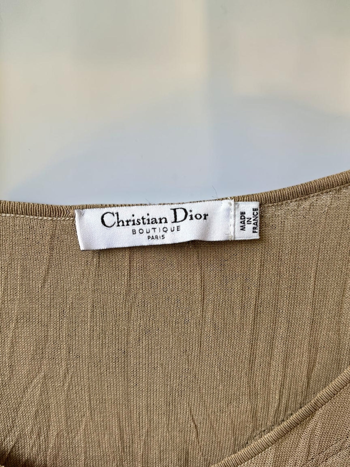 Vintage Christian Dior beige knit top close up