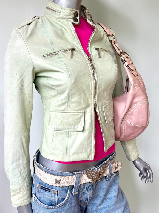 Vintage Italian leather sage green moto jacket front
