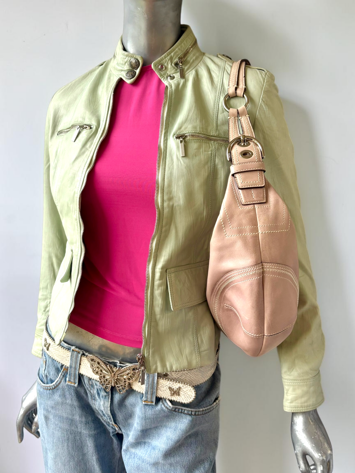 Vintage Italian leather sage green moto jacket detail