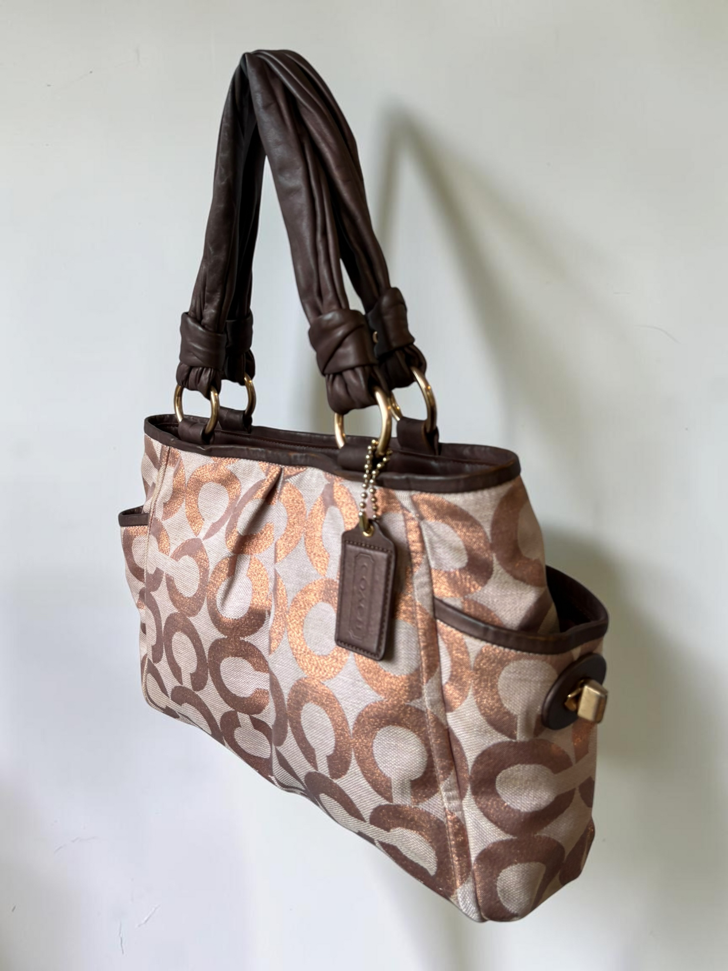 Vintage Coach metallic signature tote knotted leather handles