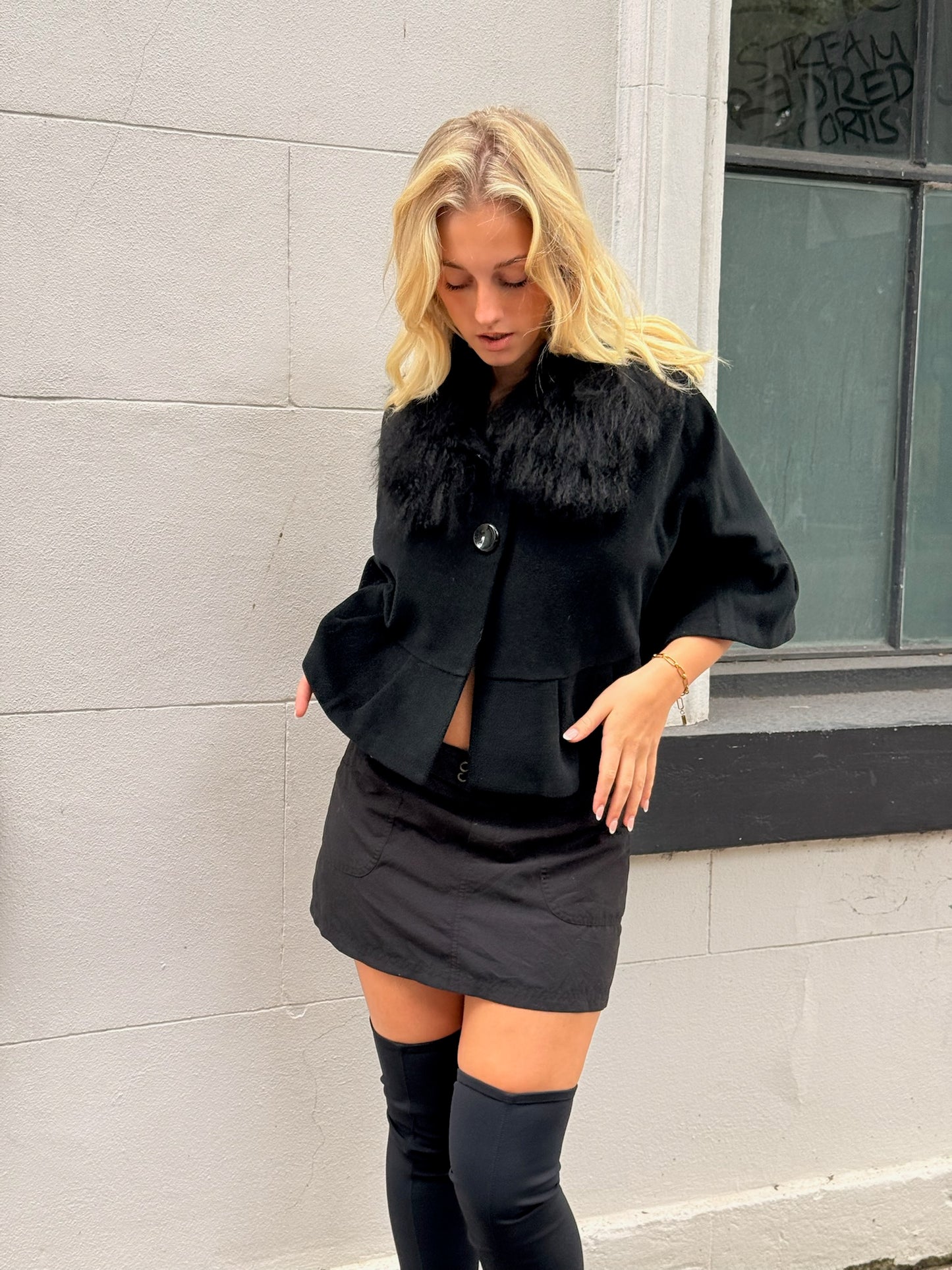 Vintage Mongolian Lamb Collar Poncho | Boho Luxe Outerwear