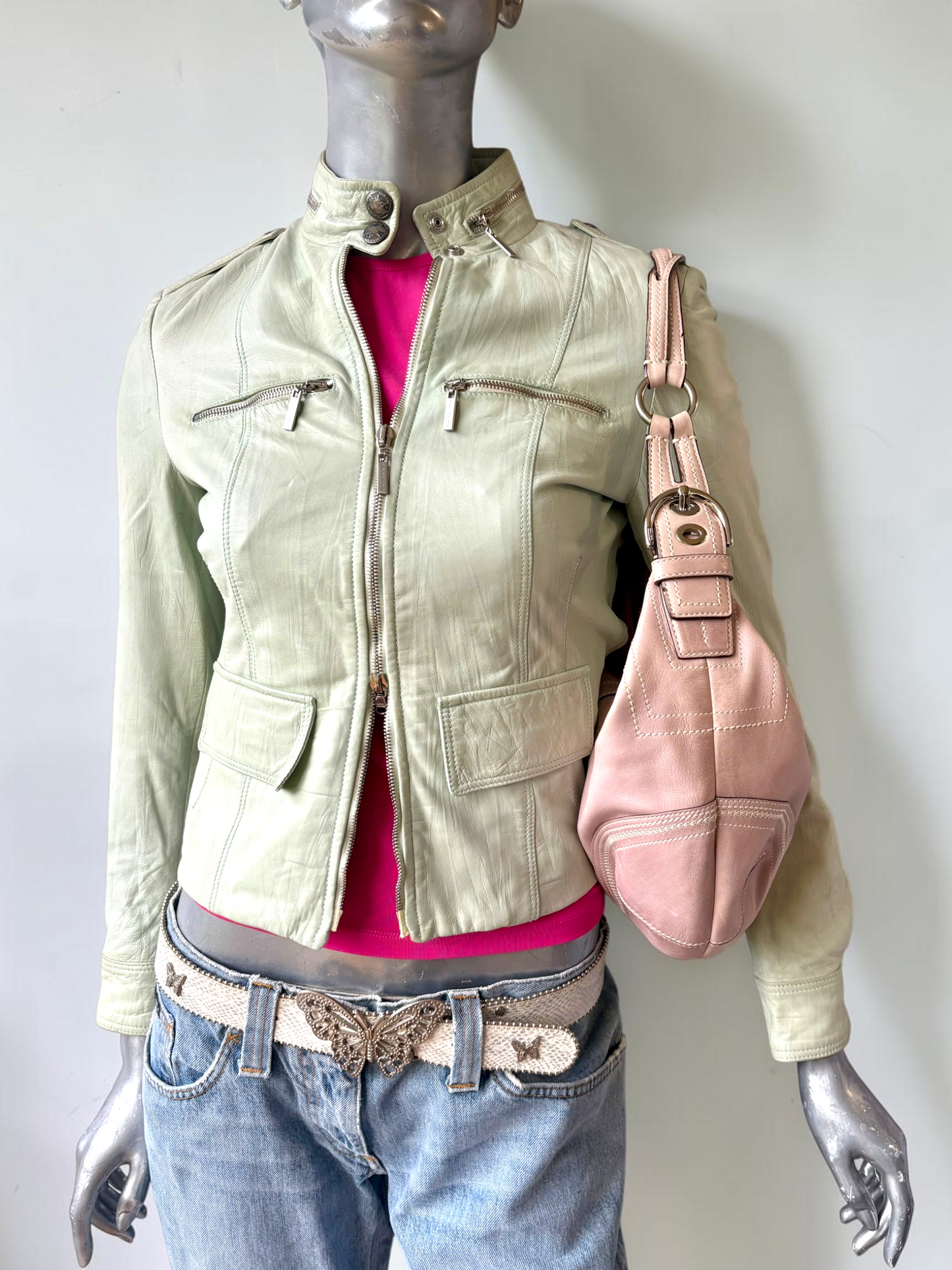 Vintage Italian leather sage green moto jacket styled
