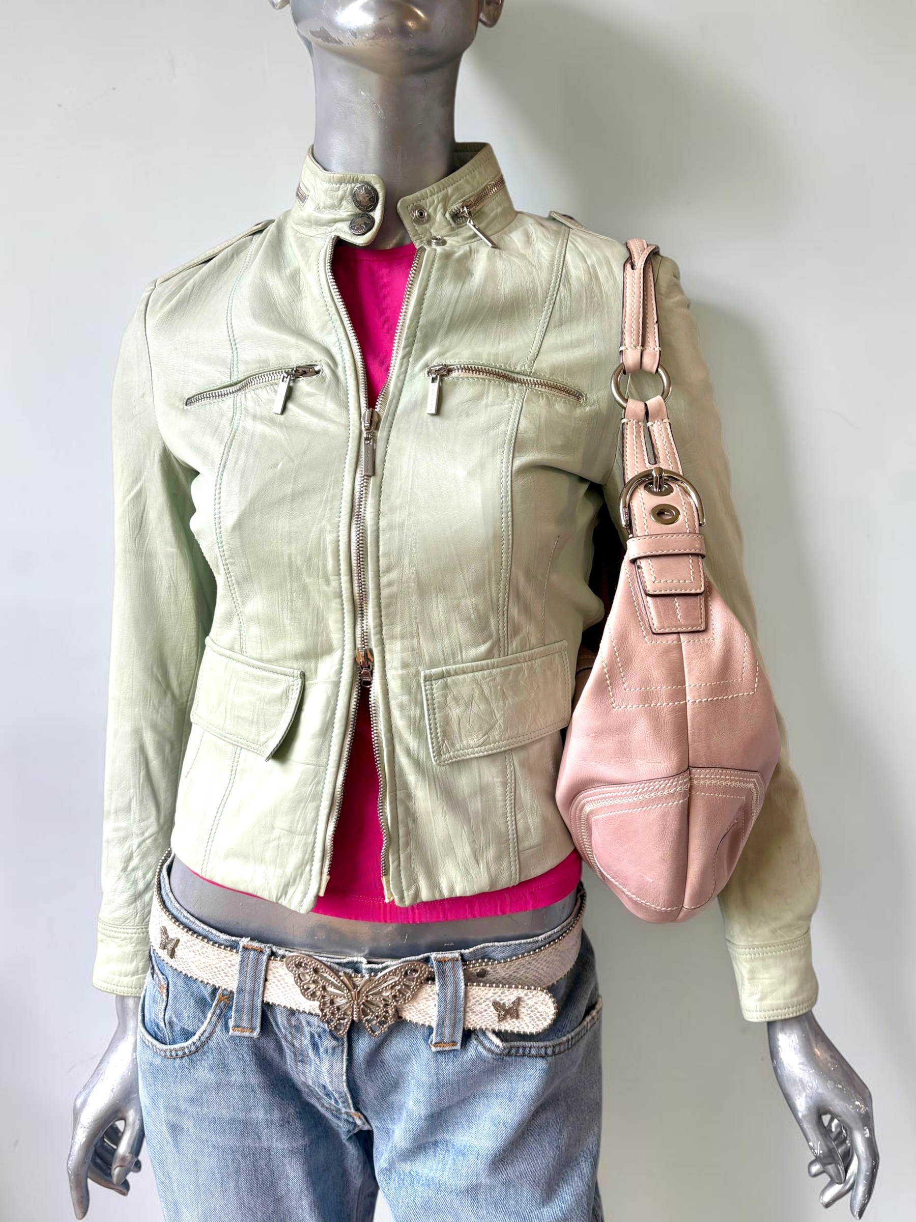 Vintage Italian leather sage green moto jacket styled