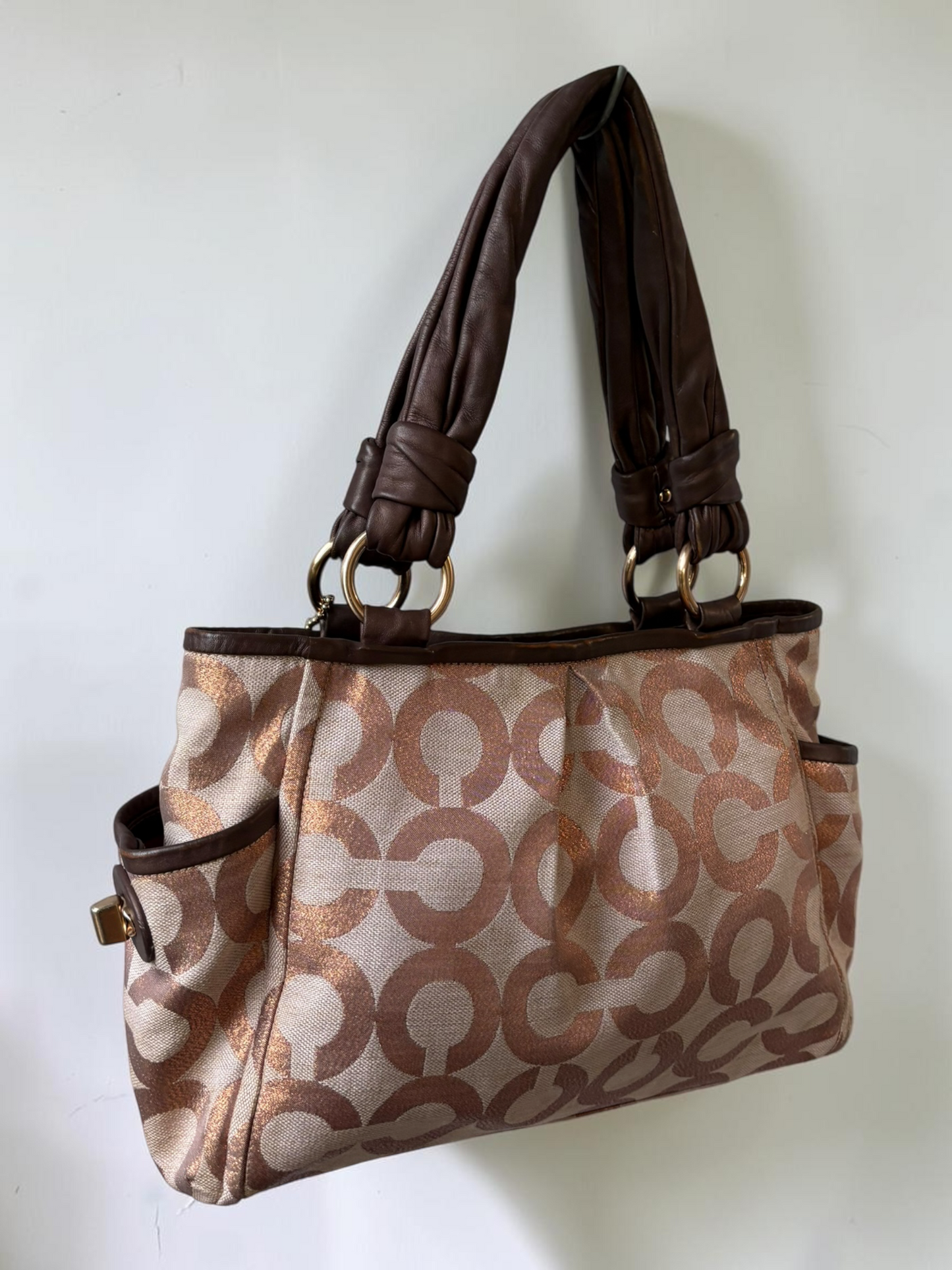 Vintage Coach metallic bronze signature print tote front