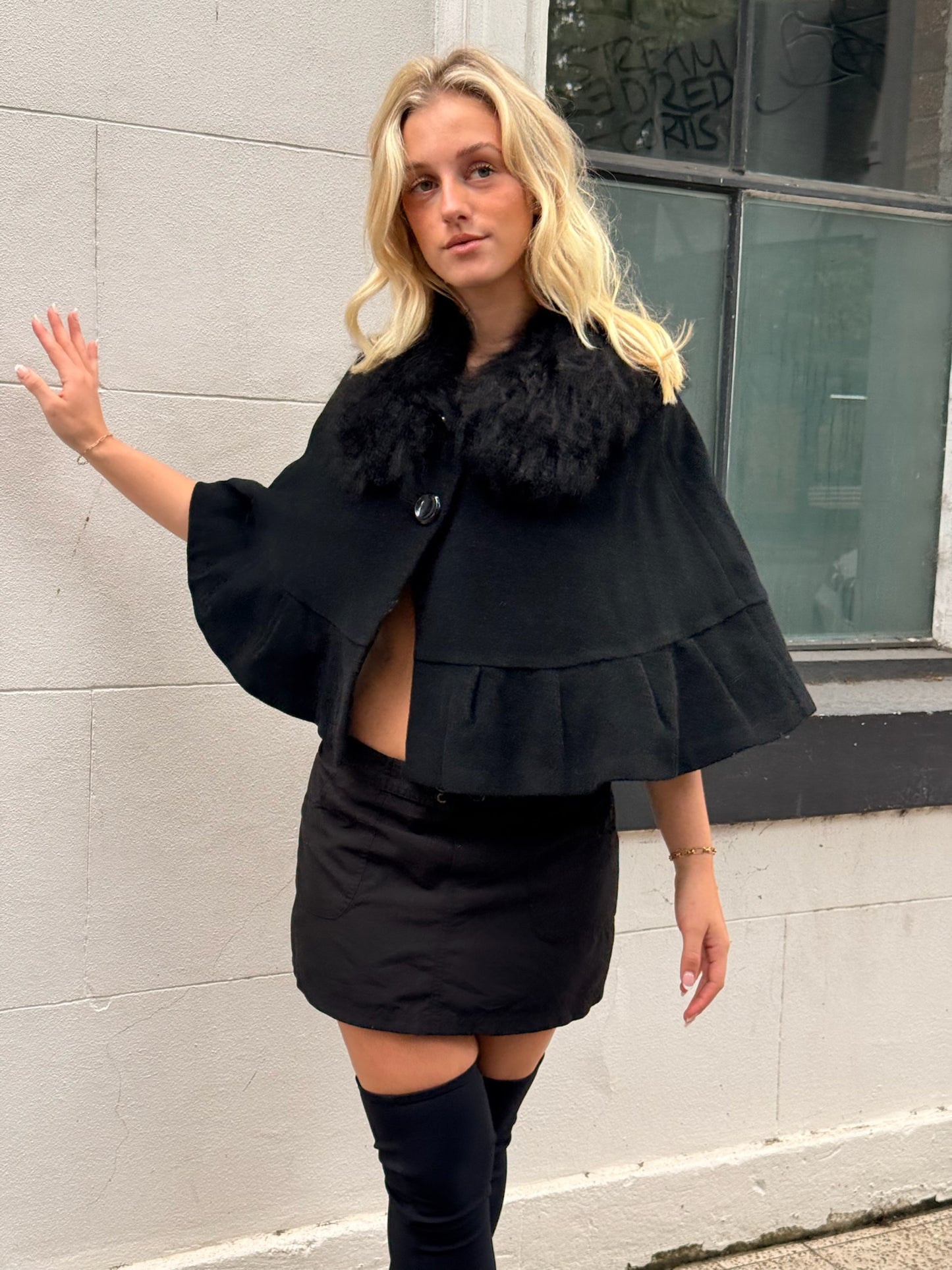 Vintage Mongolian Lamb Collar Poncho | Boho Luxe Outerwear