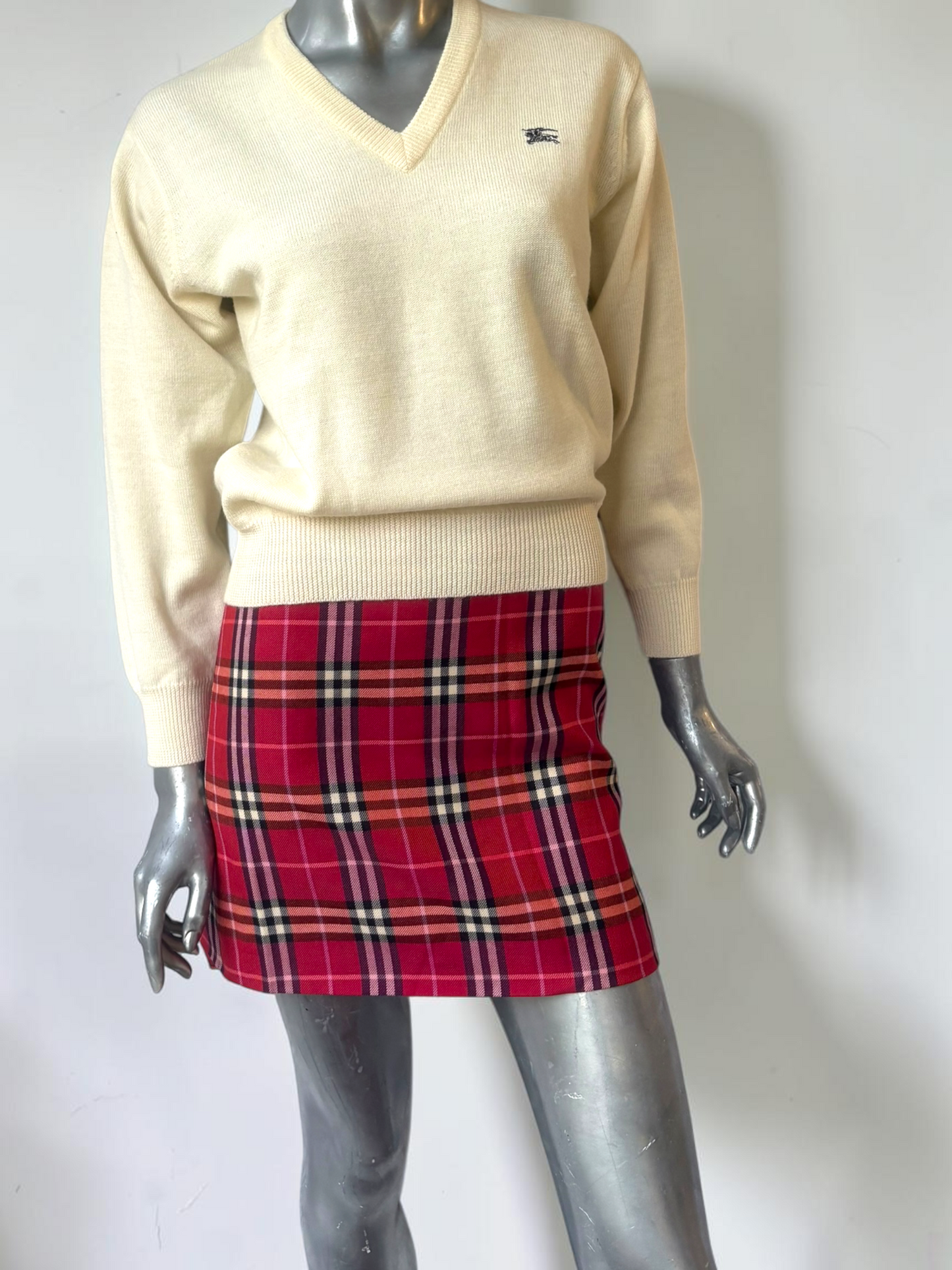 Vintage Burberry Blue Label red plaid wool mini skirt side view