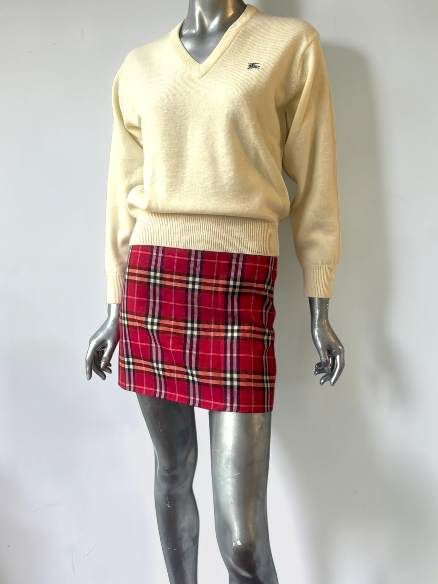 Vintage Burberry Blue Label red plaid wool mini skirt back view