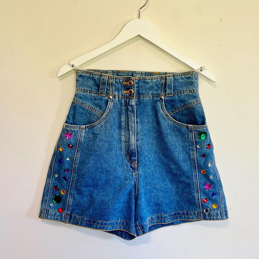 Vintage 80s denim high waist shorts with bedazzling hem stones