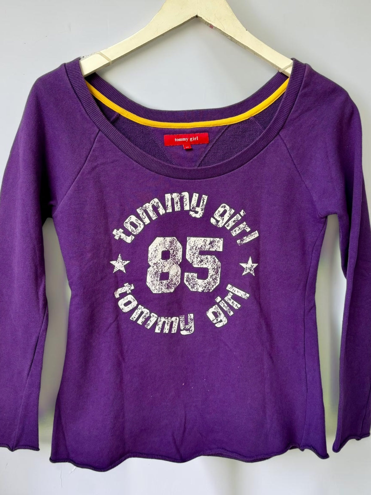 Vintage Tommy Girl Y2K purple graphic top detail
