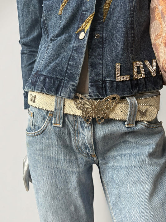 Vintage Y2K snake print leather butterfly buckle belt