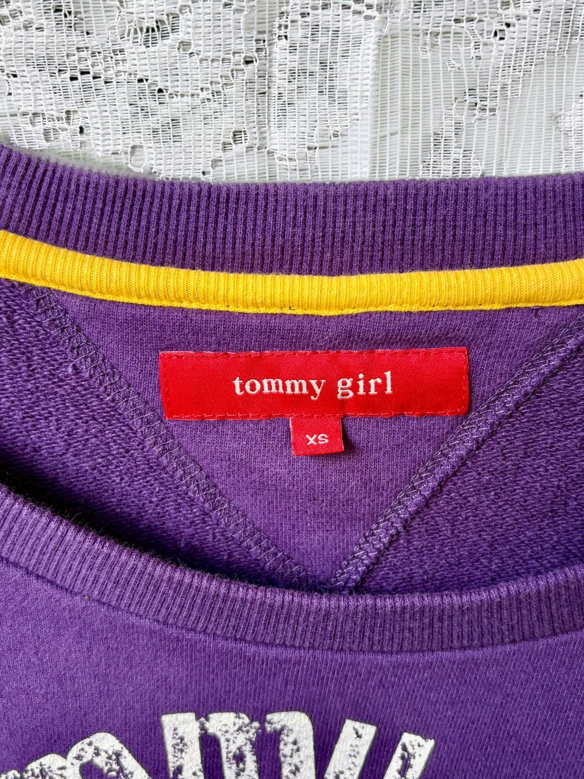 Vintage Tommy Girl purple top yellow trim neckline