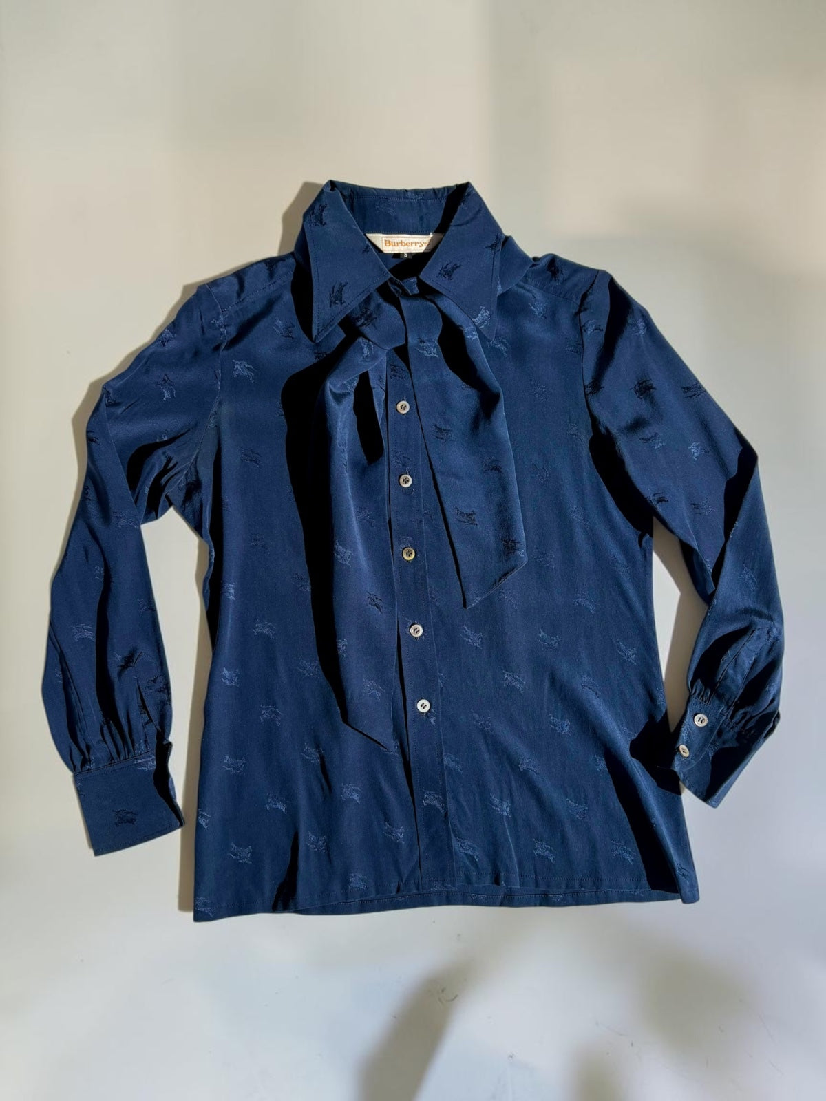 Vintage Burberrys navy silk shirt pussy bow