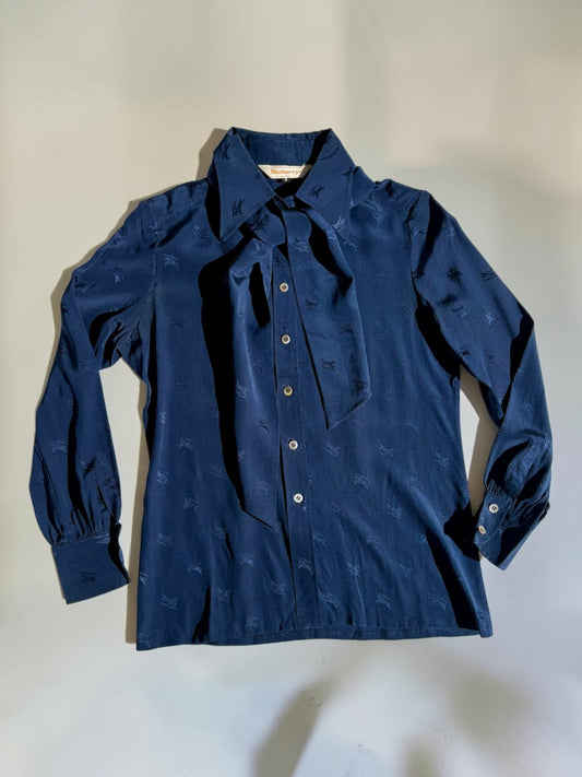 Vintage Burberrys navy silk shirt pussy bow