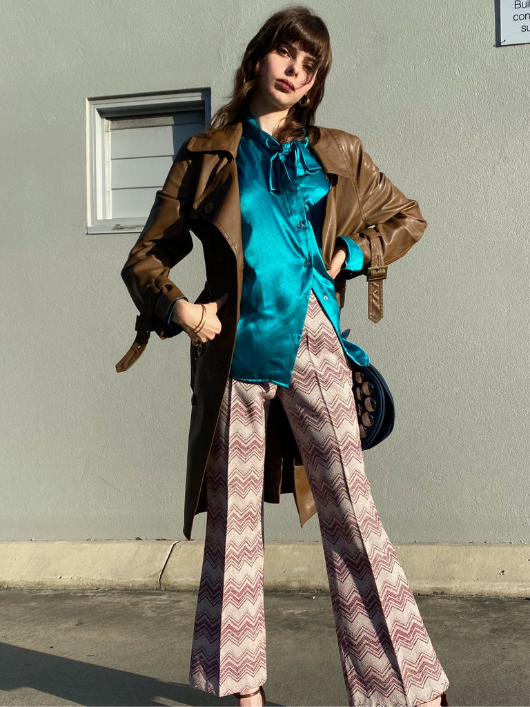 Vintage 1980s Turquoise Satin Pussy Bow Blouse